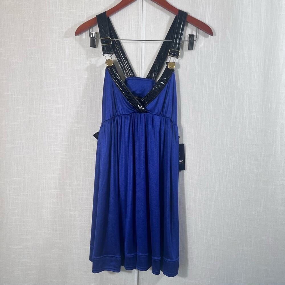 Rocawear NWT Blue Faux Patent Leather Buckle Strap Mini Babydoll Dress Size L - Picture 14 of 15